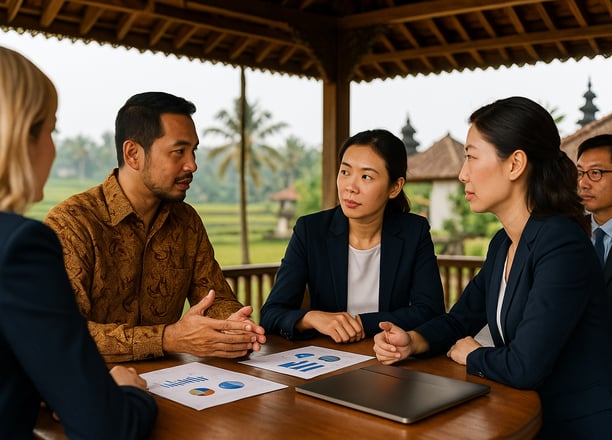 a group of people sitting around a table discuss business matchmaking