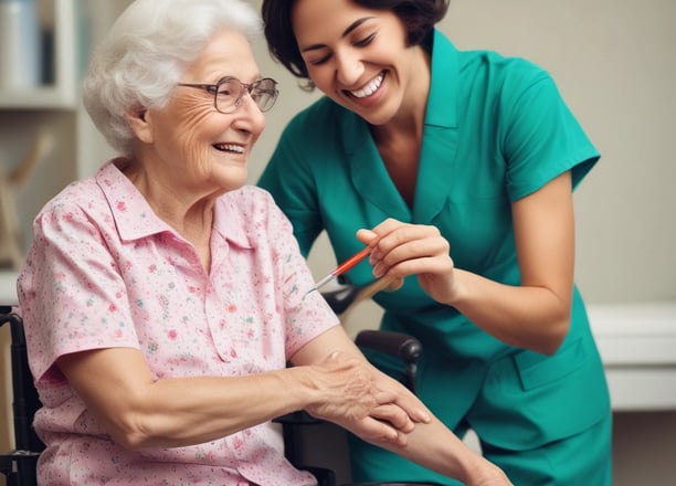 An elderly woman using a cane is supported by a younger woman as they walk together outside. They are on a dirt path near a rustic building with wooden doors. In the background, there are trees and a view of hills or mountains.