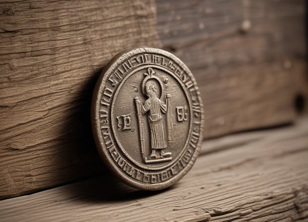Two intricately designed coins are placed against a textured background of coiled rope and woven fabric. One coin is gold-colored, while the other is silver-toned, each featuring detailed inscriptions and symbols.