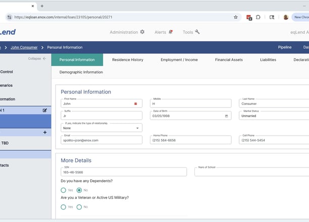 Application 1003 on the eqLend Employee Portal