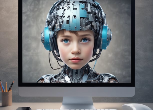 Several children are seated at a row of computers in a room, with one child raising their hand. They wear masks and colorful clothing, and the computers have LED lighting.