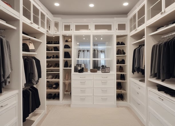 A minimalist built-in cabinet with a white exterior and a recessed wooden alcove. The alcove has a small green cushion and six black pegs arranged on the back wall. The floor features a herringbone wood pattern.