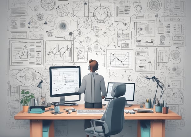 a desk with several computers