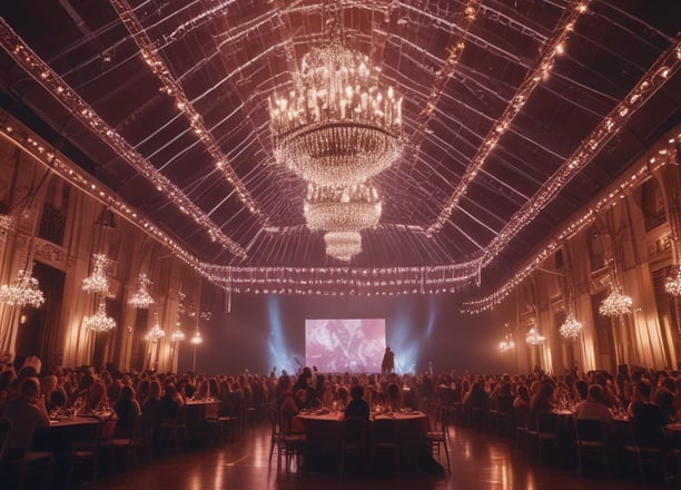 A large conference or event is taking place in a spacious hall with an audience seated in rows facing a well-lit stage. The stage has a screen displaying text and a presenter standing beside it. The ceiling is equipped with numerous lights and trusses, creating a dynamic atmosphere with green and blue lighting effects.