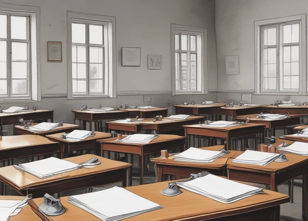 A historical classroom setting with several students seated at wooden desks. The teacher stands at the front near a blackboard filled with writings and diagrams. A globe is placed on a table, and educational charts hang on the walls.