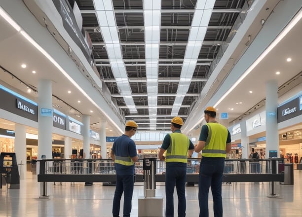 A large industrial space with massive machinery, including engines and generators. Two workers are operating and maintaining the equipment on a checkered floor under a high ceiling with steel beams.