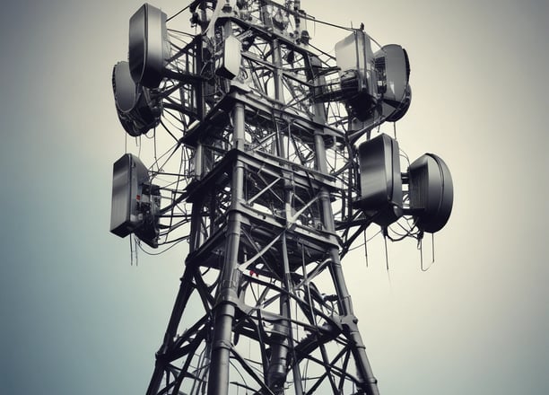 A wall with electrical and telecommunications equipment, including several distribution boxes and a network of intricately arranged cables. A small bird is perched near the top section of the wires.