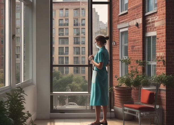A supermarket aisle filled with various cleaning products, organized neatly on shelves. Promotional sale tags are visible on many items, indicating discounted prices. A promotional stand-up banner on the left features a smiling woman holding clean laundry, with a slogan in Hindi.