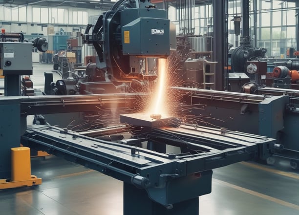 A large industrial cylindrical machine wrapped in a turquoise covering is positioned in a spacious factory setting with high ceilings and overhead beams. The machinery has visible gears and is mounted on a sturdy base. Nearby on the floor, there is a blue motor and various pieces of metal equipment scattered around. The industrial environment is well-lit, with natural light coming from the windows above.