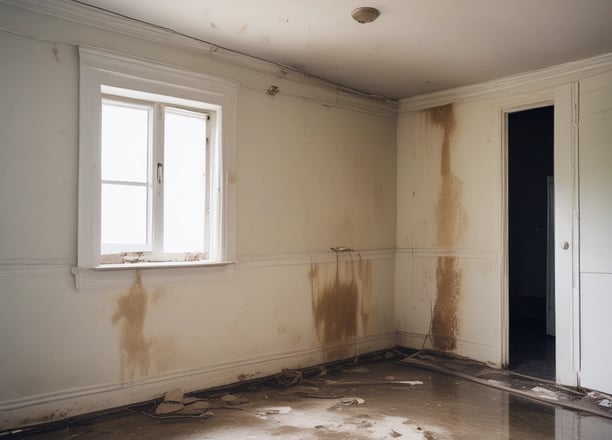 A person stands in floodwater in front of dilapidated houses with clothes hanging to dry. The water reaches up to the doorsteps, and there is a collection of household items visible. Another person is sitting inside the doorway of one of the houses.