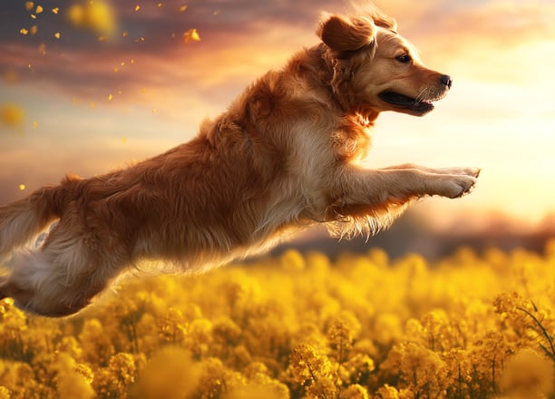 Golden Retriever dans un champ de colza