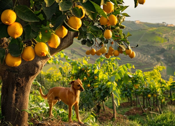 Cirneco de l'Etna près de citrons