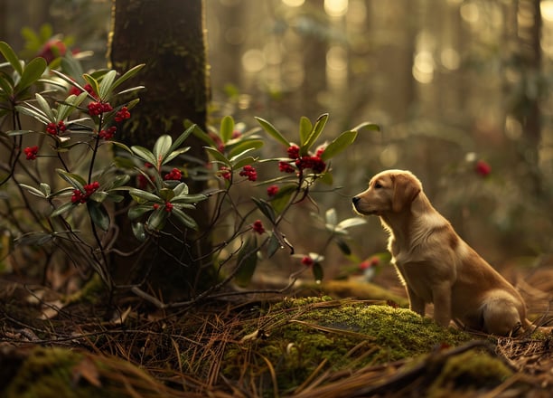 Labrador près de gaulthérie couchée
