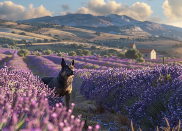 Beauceron dans le lavandin