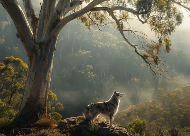 Koolie Australien près d'un eucalyptus radié