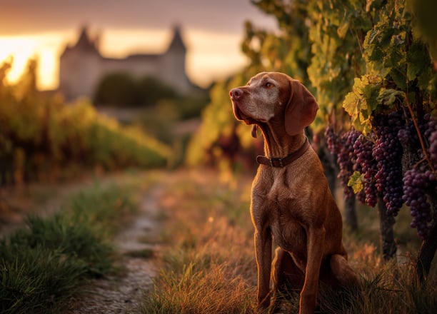 Braque Français assis paisiblement au milieu des vignes