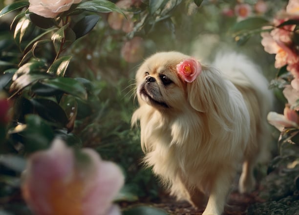 Pekinois dans champ de camélias