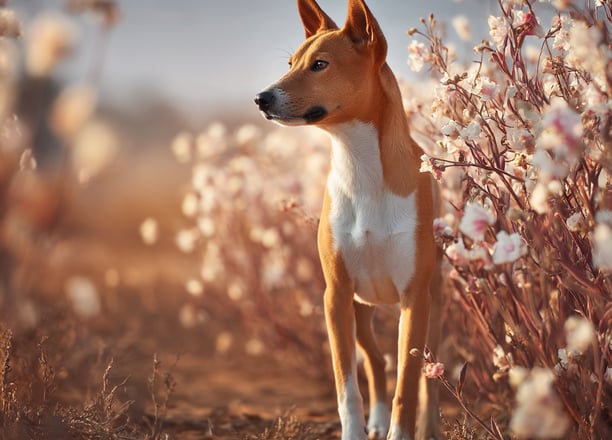 Basenji dans un champ de sésame en fleurs