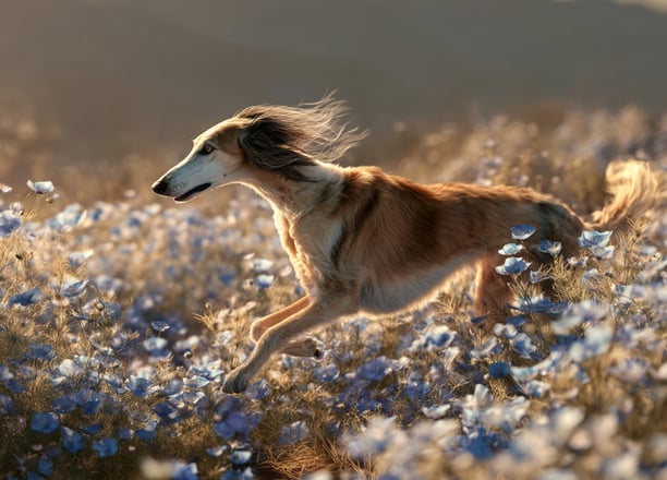 Saluki courant doucement à travers les fleurs de nigelle