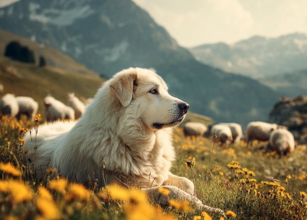Chien patou dans l'arnica