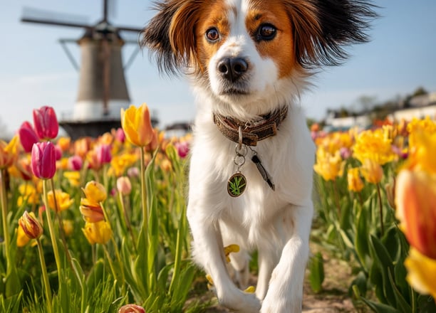 Kooikerhondje dans les tulipes