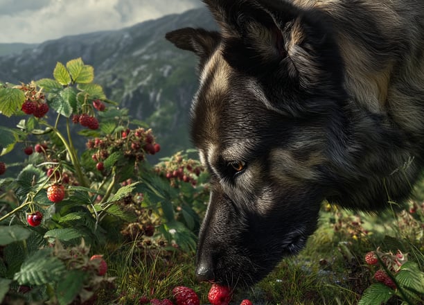 Šarplaninac mangeant des framboises