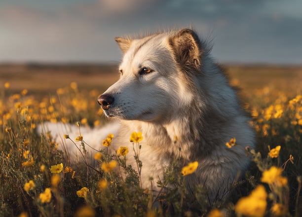 Chien Inuit est couché parmi les fleurs d'onagre