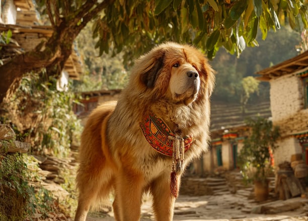 Tibetan Mastiff debout près d'un margousier