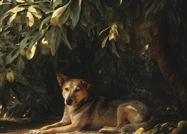 Indian Pariah Dog allongé à l’ombre d’un manguier