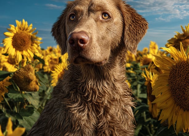 Chesapeake Bay Retriever dans un champ de tournesols