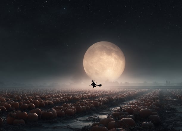 Sorcière dans un champ de courges