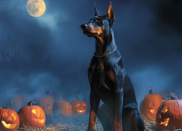 Doberman surveillant des citrouilles