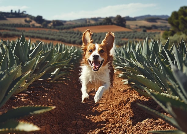 Podengo portugais dans champs d'aloe vera