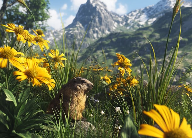 Fleurs d'arnica montana avec marmotte