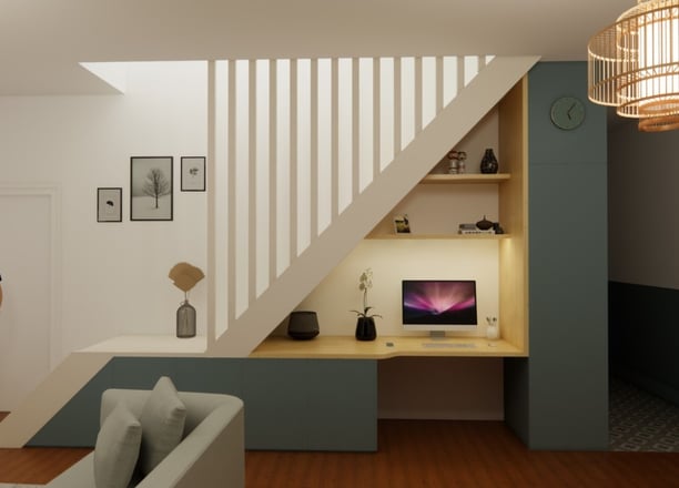 apreçu 3d d'un escalier avec intégration d'un bureau et de meubles 