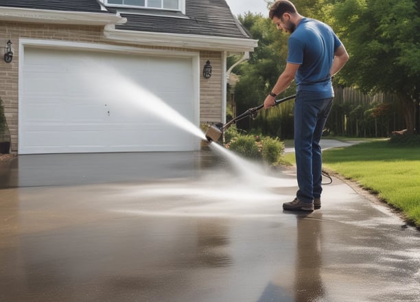 A person is washing a car with a pressure washer, applying soap foam all over the vehicle. The scene takes place in a driveway next to a garage, with suburban houses in the background. The person is wearing a cap and appears to be focused on cleaning the car.
