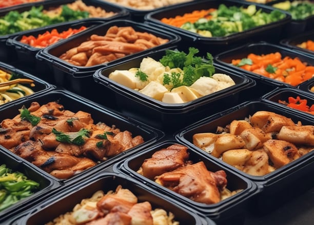 Rows of black meal prep containers are filled with cooked sweet potatoes and slices of turkey, arranged neatly. The containers are placed on a large surface in what appears to be a commercial kitchen setting.