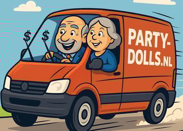 Snel rijdende Oranje bestelbus met abraham en Sarahpop. Goedkope levering en sarah