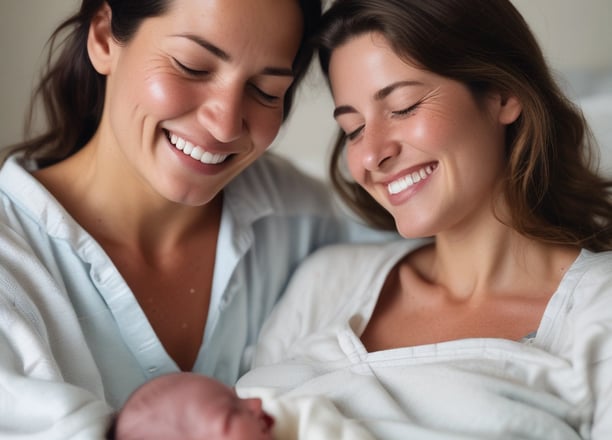 A newborn baby is being delivered in a hospital setting. Medical professionals wearing surgical gowns, masks, and hairnets assist in the delivery process. The infant is held gently, still covered in bodily fluids, against a backdrop of surgical drapes and equipment.