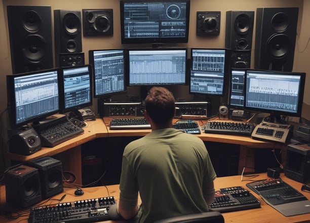 A person is sitting at a desk in front of a large computer monitor, working on music production software. The room is filled with audio equipment, including large speakers on either side of the monitor and various cables and electronic devices on the desk.