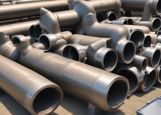 A close-up view of a heavy-duty metal pipe connection featuring a large rubber hose secured with metal clamps. The components display industrial material textures with a combination of metallic and rubber surfaces.