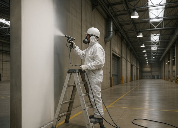 Um pintor profissional, com equipamento profissional aplicando tinta em uma parede alta de concreto