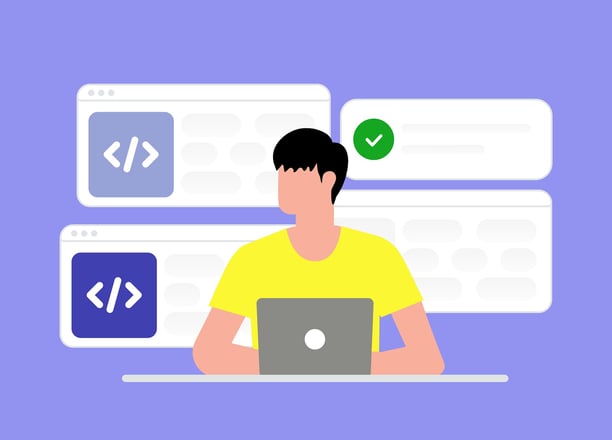 Junger Entwickler arbeitet konzentriert an einem Projekt. Er ist von mehreren Browserfenstern mit Code umgeben, eines davon z