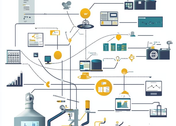 Fluxograma complexo de dados e processos, representando integração e automação industrial.