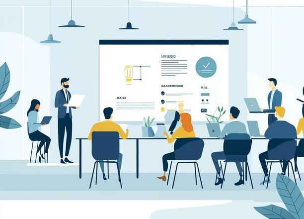 Equipe em reunião de trabalho com apresentação, simbolizando colaboração e estratégia empresarial.