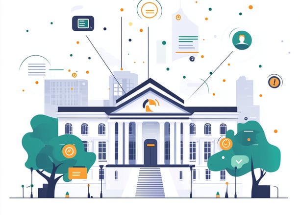 Ilustração de prédio público com ícones digitais, representando transformação digital