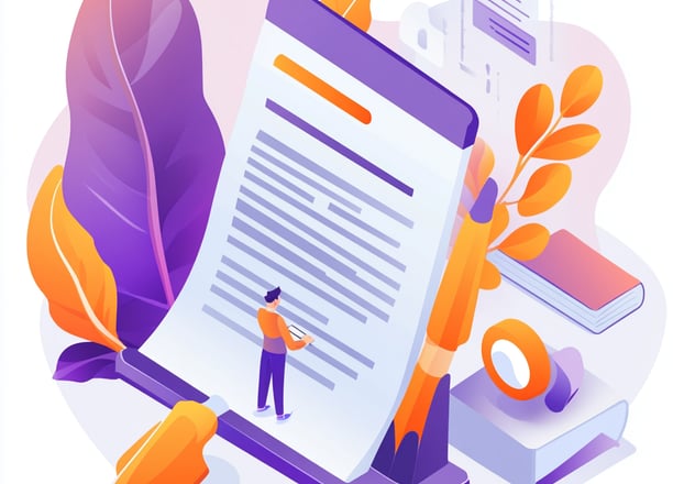 Ilustração de documento digital e escritor, representando criação de conteúdo e redação online.