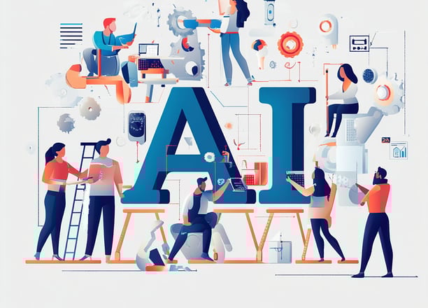 Ilustração colaborativa de "AI", representando inteligência artificial e inovação tecnológica.