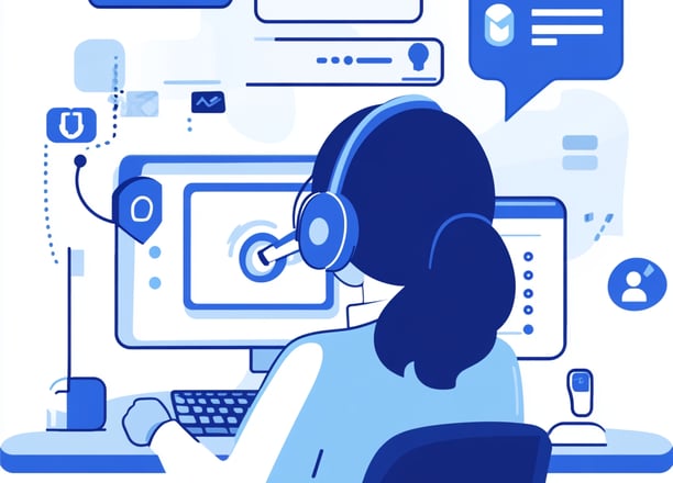 Ilustração de atendente com headset em suporte online, representando atendimento ao cliente digital.