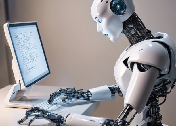 A laptop displays a webpage titled '150 ChatGPT copywriting prompts' with a logo above the text. It suggests using AI to improve copywriting skills. On the left, part of a colorful sandwich is partially visible, adding a contrast to the academic theme on the screen.